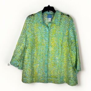 Lark Lane Sheer Tunic Blouse Womens 16W Blue Green Tropical 3/4 Sleeve V Neck